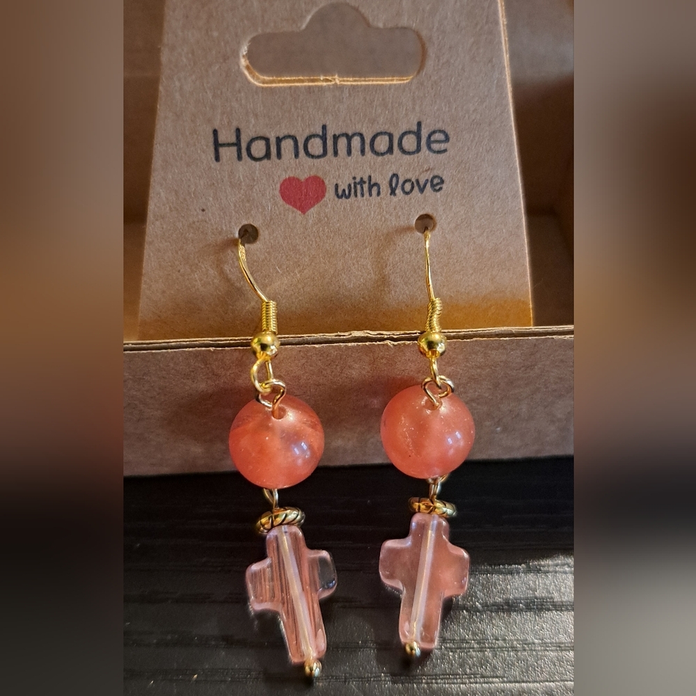 Semiprecious Cherry Quartz Cross Beaded Dangle Earrings in 14K Over Sterling